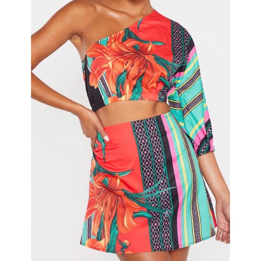 Mixed Print One Shoulder Crop with Mini Skirt